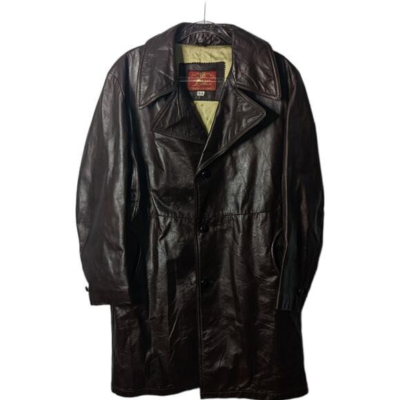 Vintage 70's Brown Leather Jacket Mid Length Trench Coat Men's 3 Button - Picture 1 of 9